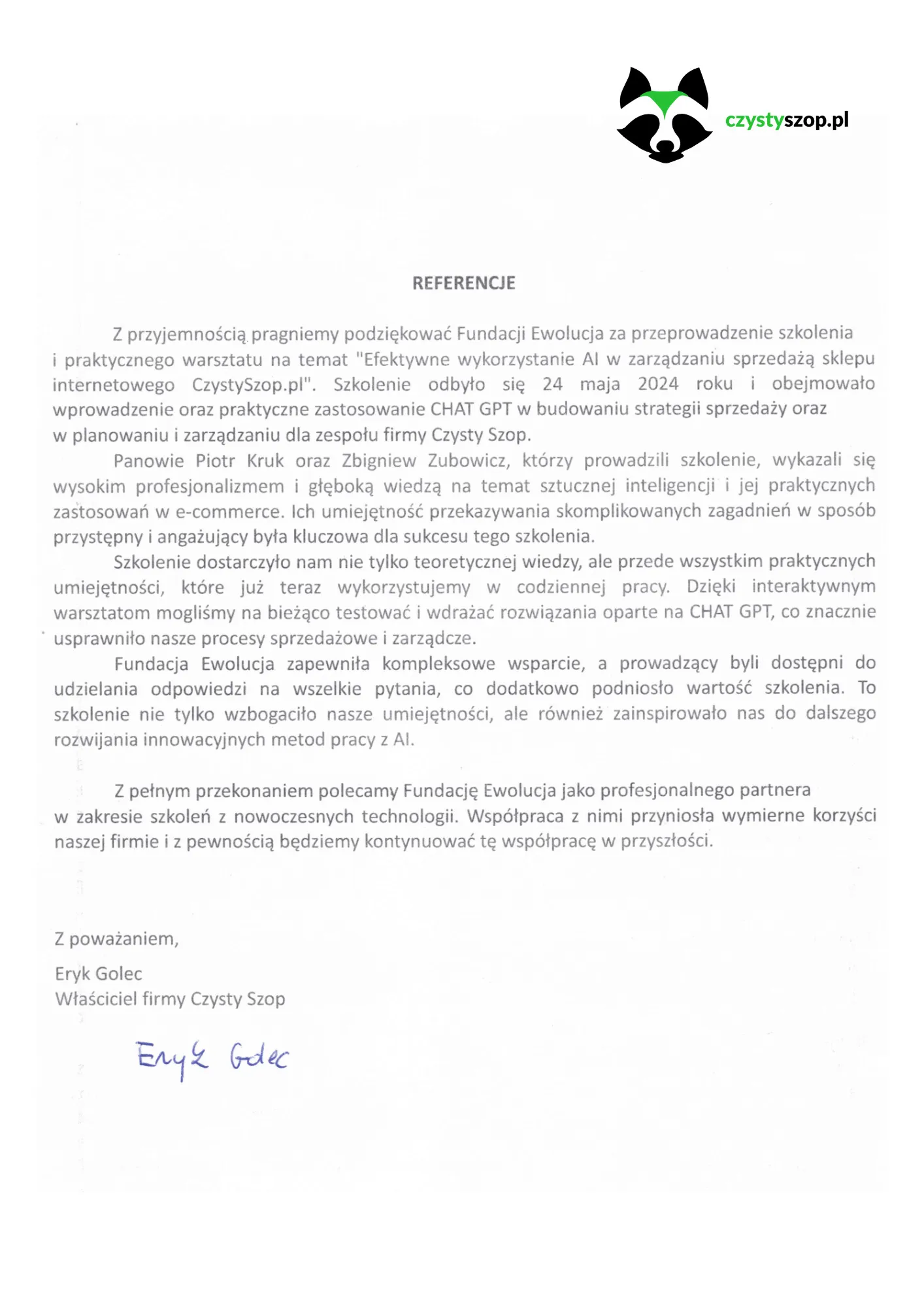 Skan pisma referencyjnego — czystyszop.pl