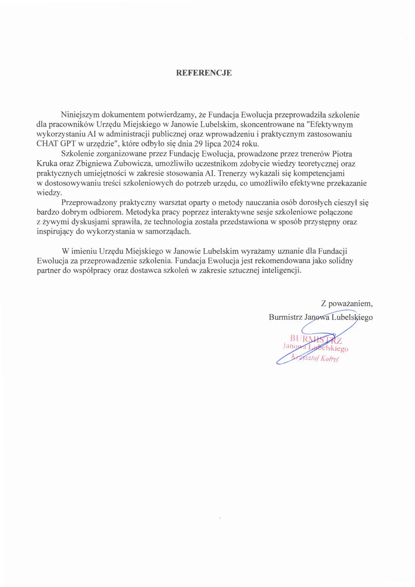 Skan pisma referencyjnego — Urząd Miejski w Janowie Lubelskim