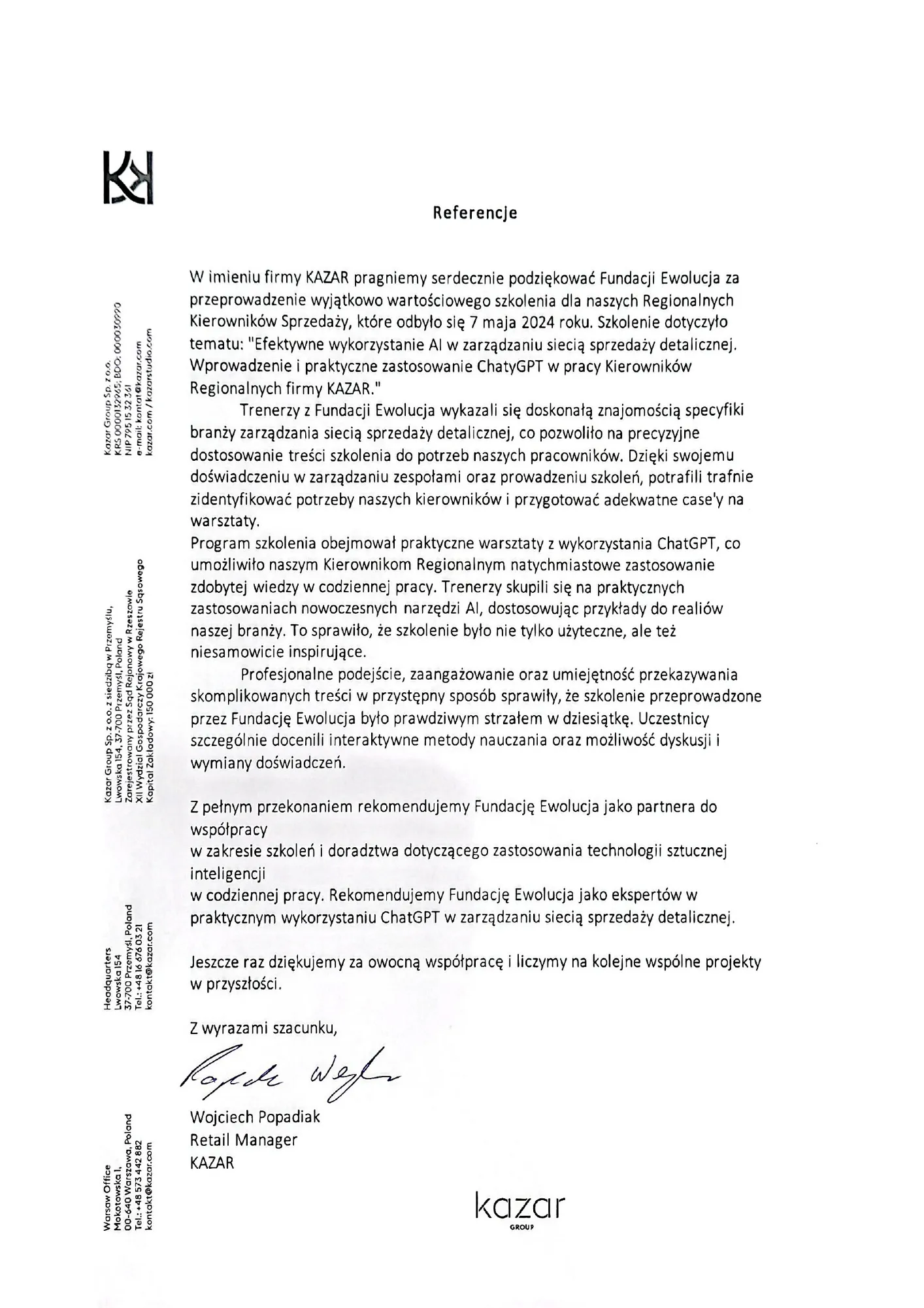 Skan pisma referencyjnego — KAZAR