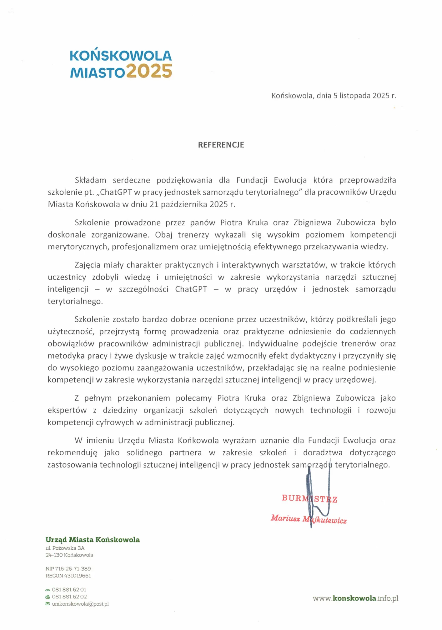 Skan pisma referencyjnego — Urząd Miasta Końskowola