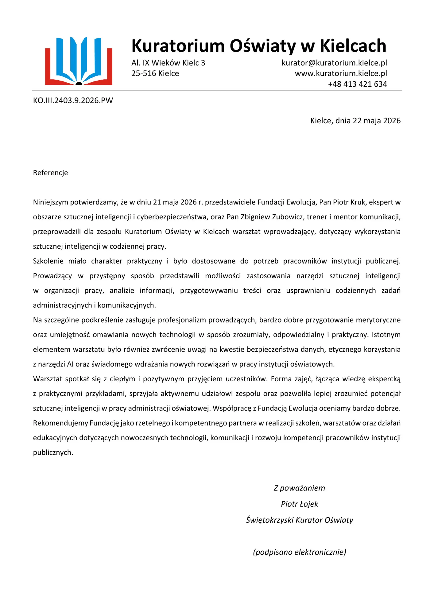 Skan pisma referencyjnego — Kuratorium Oświaty w Kielcach