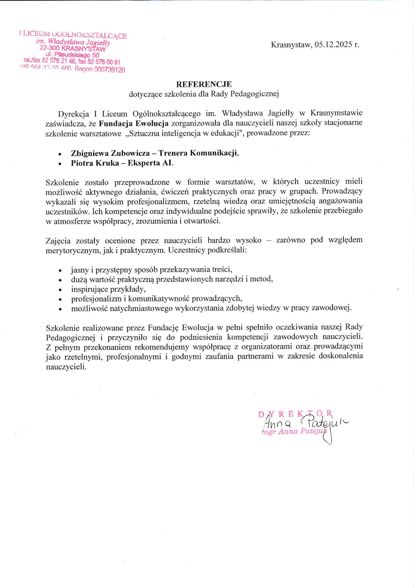 Skan pisma referencyjnego — I Liceum Ogólnokształcące im. Władysława Jagiełły w Krasnymstawie