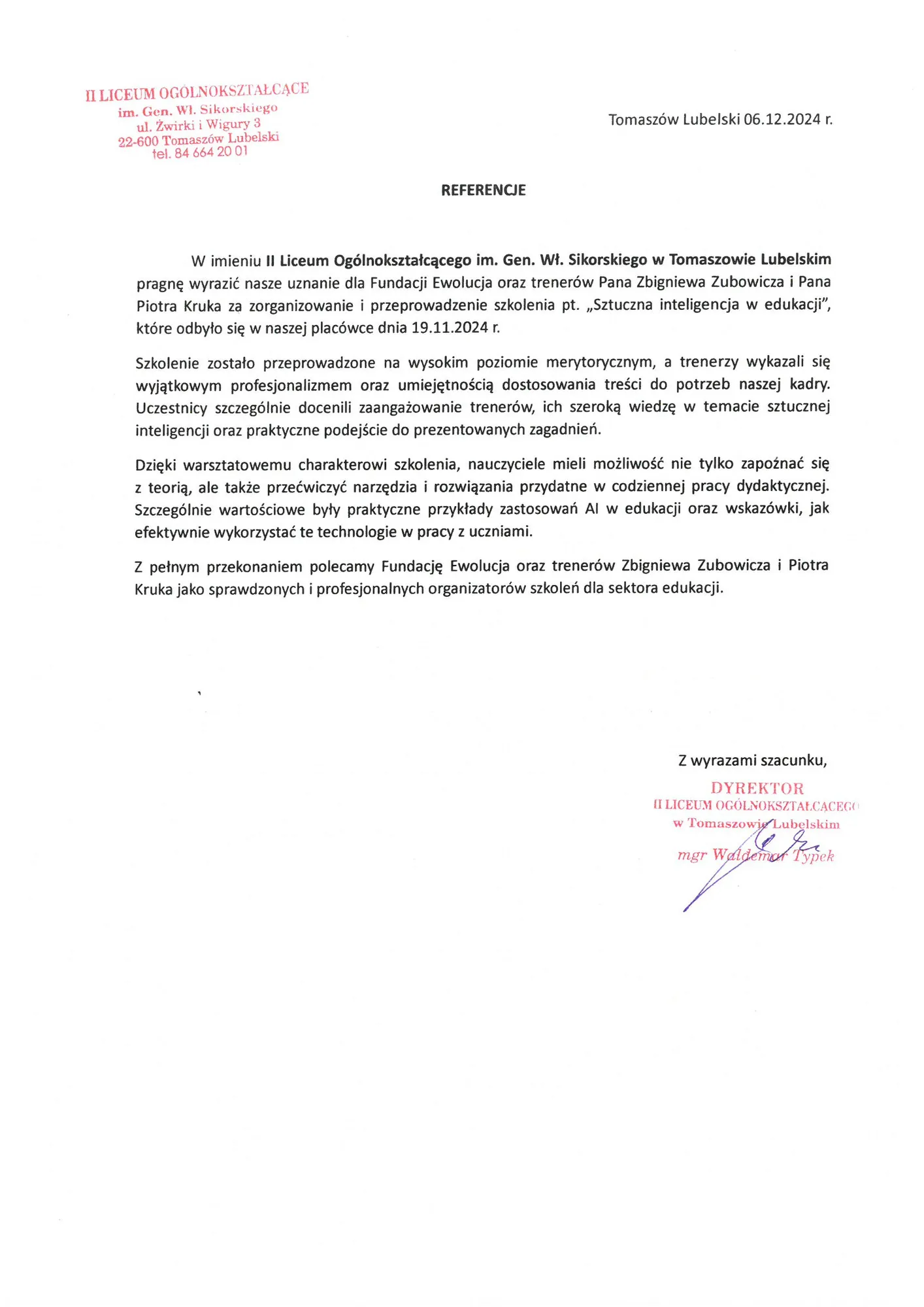 Skan pisma referencyjnego — II Liceum Ogólnokształcące im. gen. Wł. Sikorskiego w Tomaszowie Lubelskim