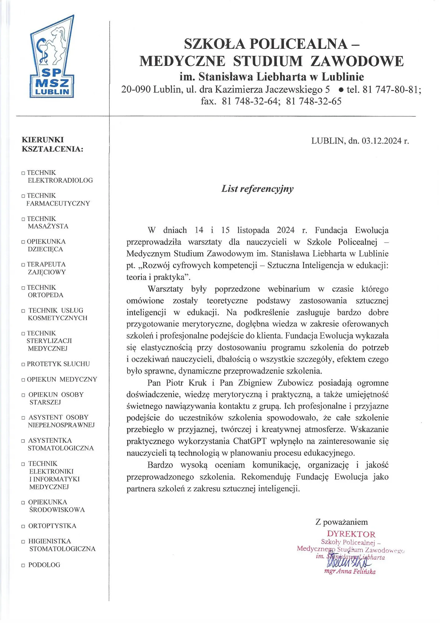 Skan pisma referencyjnego — Szkoła Policealna — Medyczne Studium Zawodowe im. Stanisława Liebharta w Lublinie