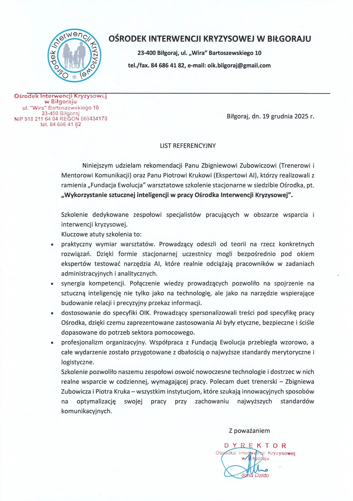 Skan pisma referencyjnego — Ośrodek Interwencji Kryzysowej w Biłgoraju