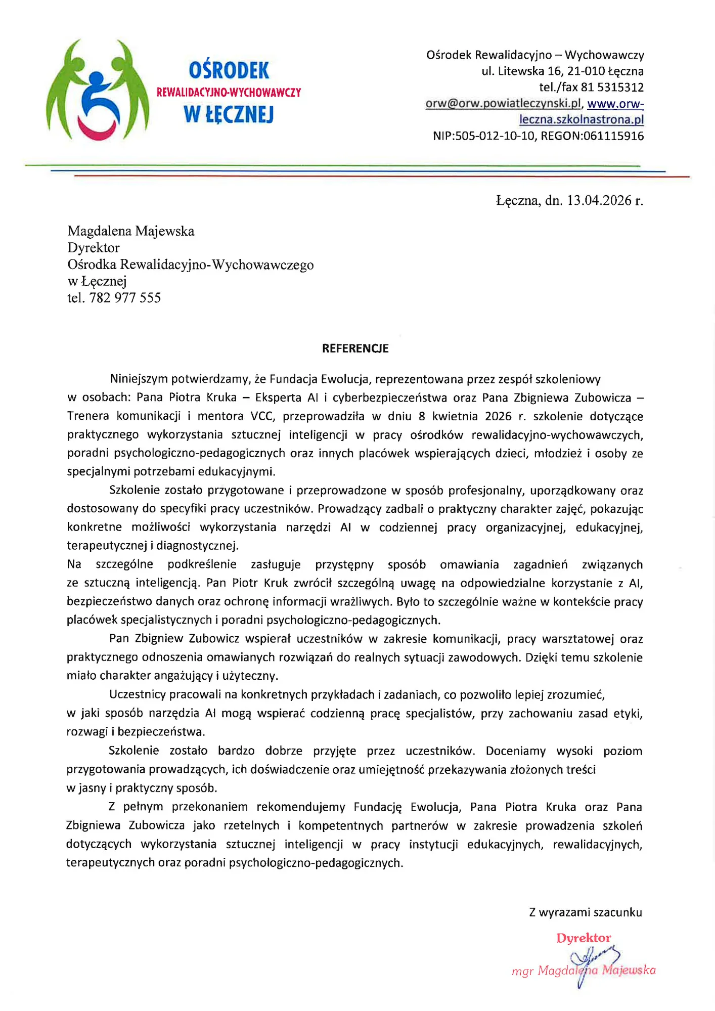 Skan pisma referencyjnego — Ośrodek Rewalidacyjno-Wychowawczy w Łęcznej
