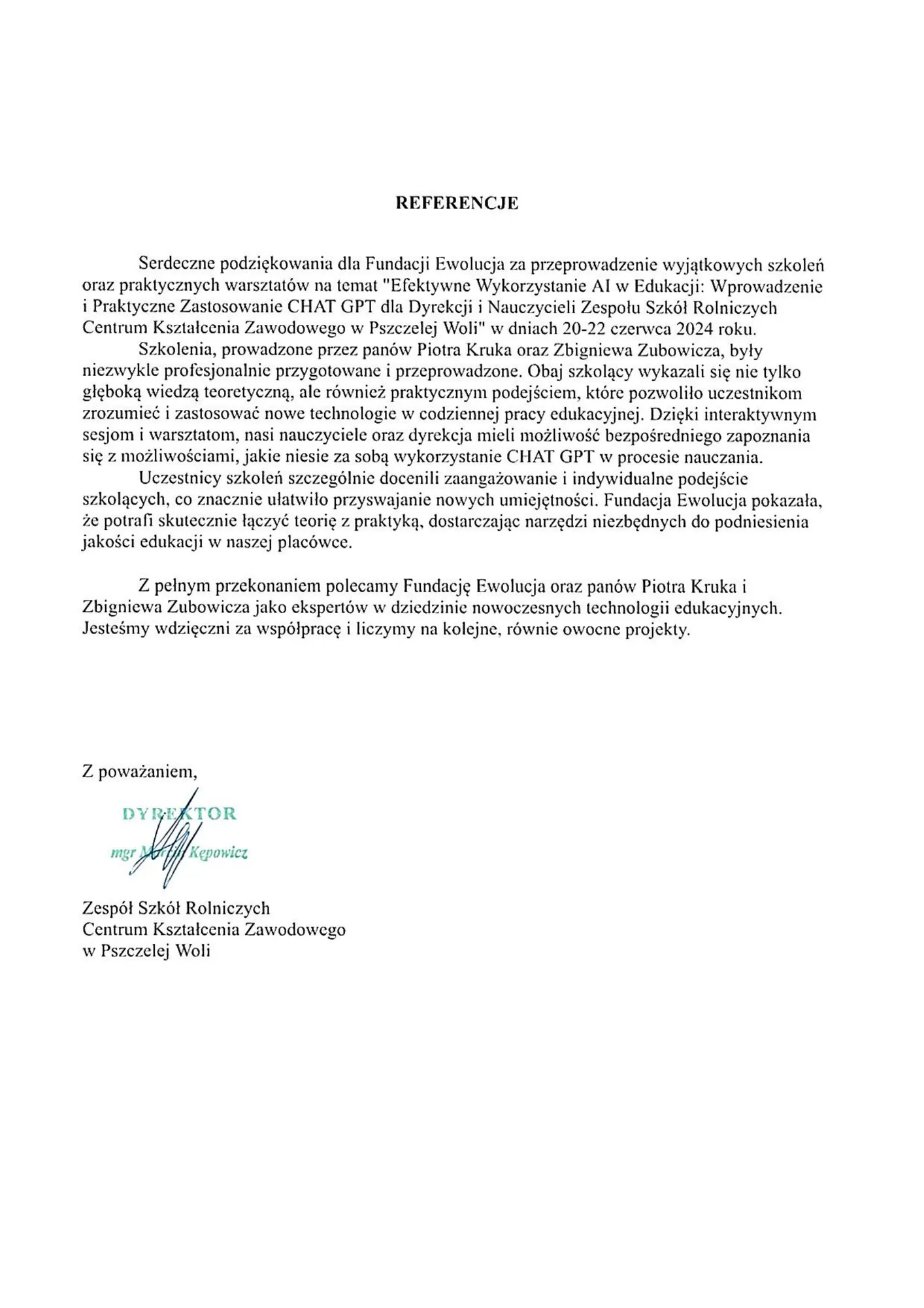 Skan pisma referencyjnego — Zespół Szkół Rolniczych — Centrum Kształcenia Zawodowego w Pszczelej Woli