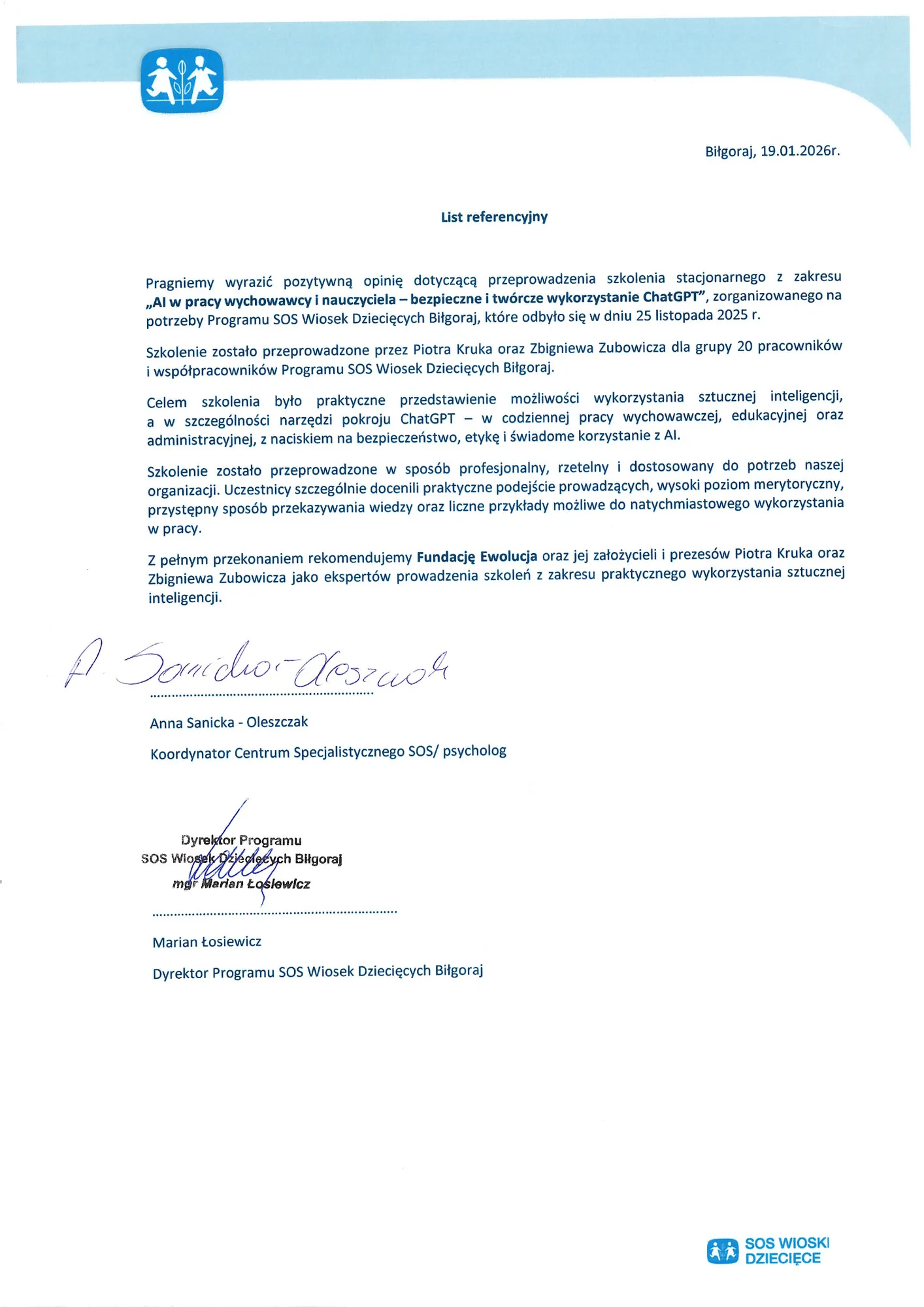 Skan pisma referencyjnego — SOS Wioski Dziecięce — Program Biłgoraj