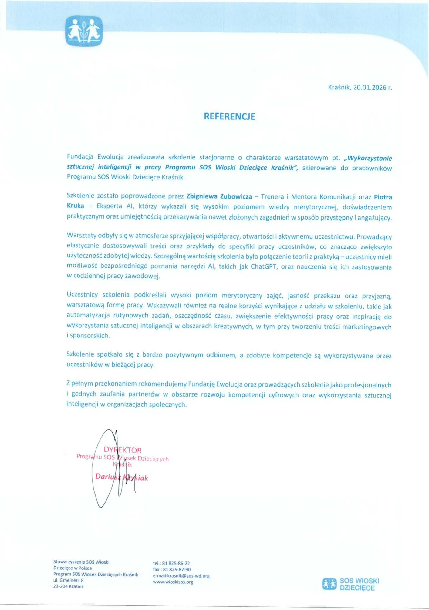 Skan pisma referencyjnego — SOS Wioski Dziecięce — Program Kraśnik