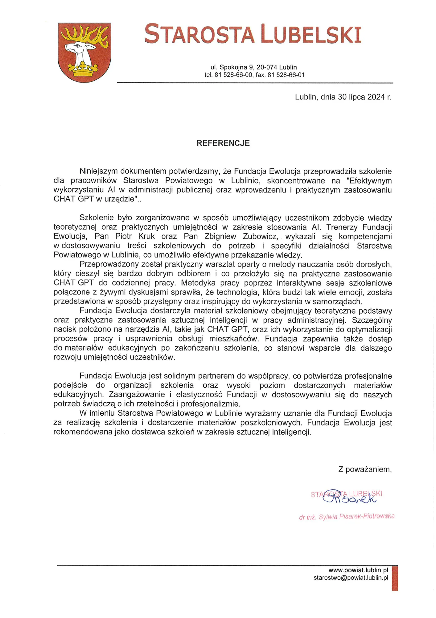 Skan pisma referencyjnego — Starostwo Powiatowe w Lublinie